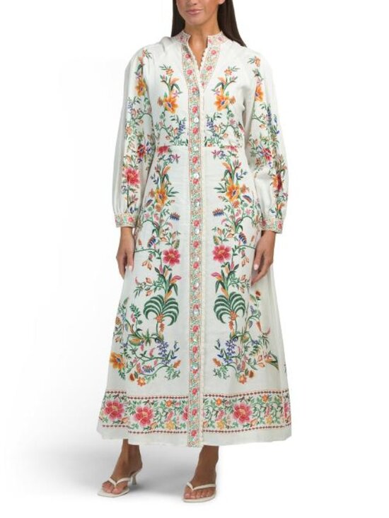 Magaschoni Dresses & Skirts - MAGASCHONI Linen Blend V-neck Button Front Dress With Print Details